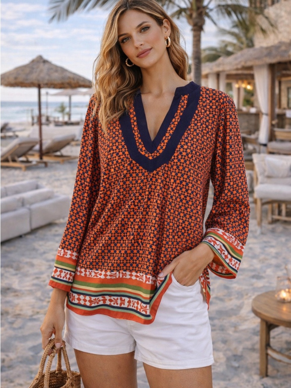 Jade Orange & Navy Geometric Tunic | Resort Boho Top Vacation Ready Chic